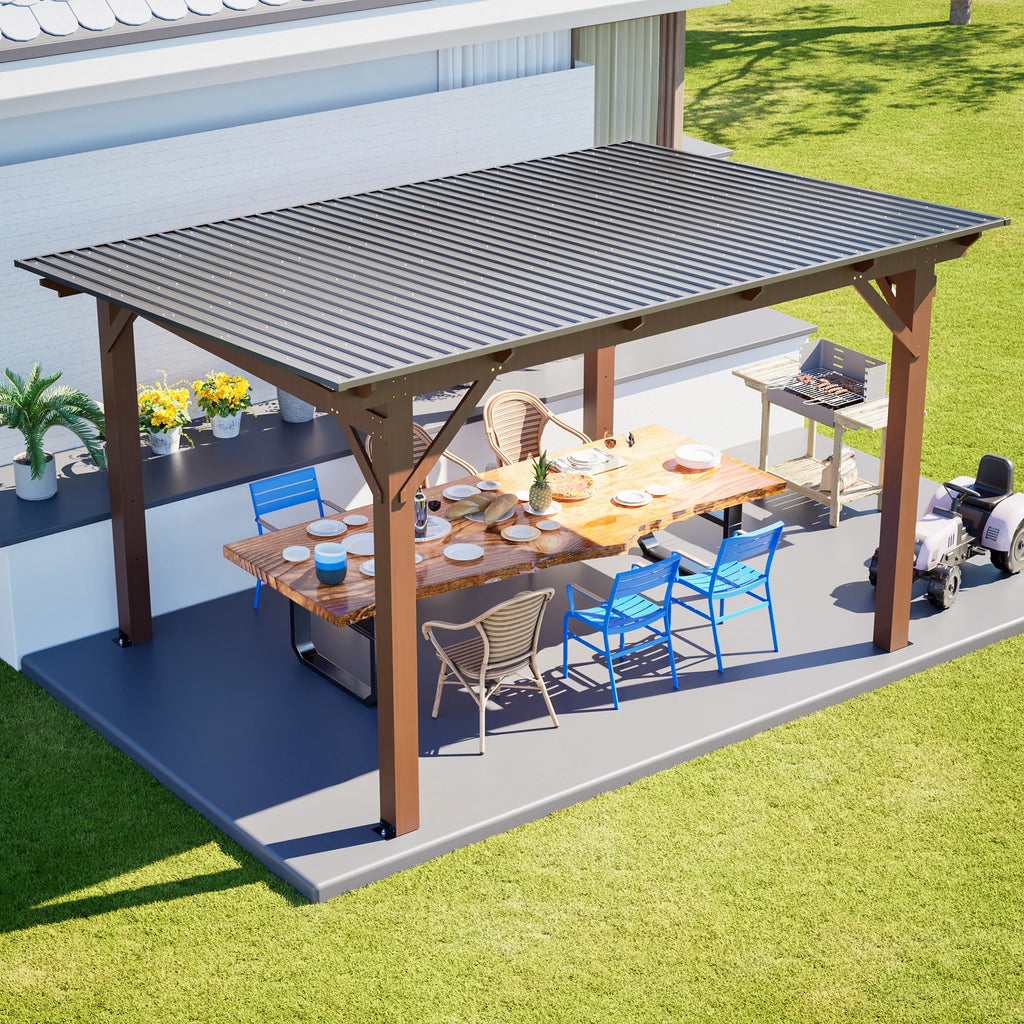 13x10ft Wooden Garden Gazebo with Metal Roof, Spacious Outdoor Patio Shade Structure for Backyard & Garden