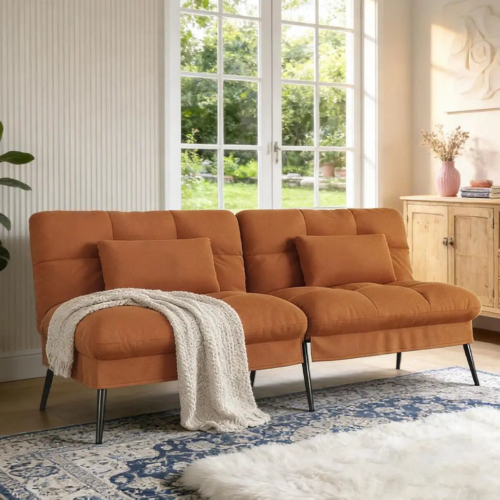 Black 72 Inch Fabric Futon Sofa Bed With Adjustable Backrest For Living Room Use