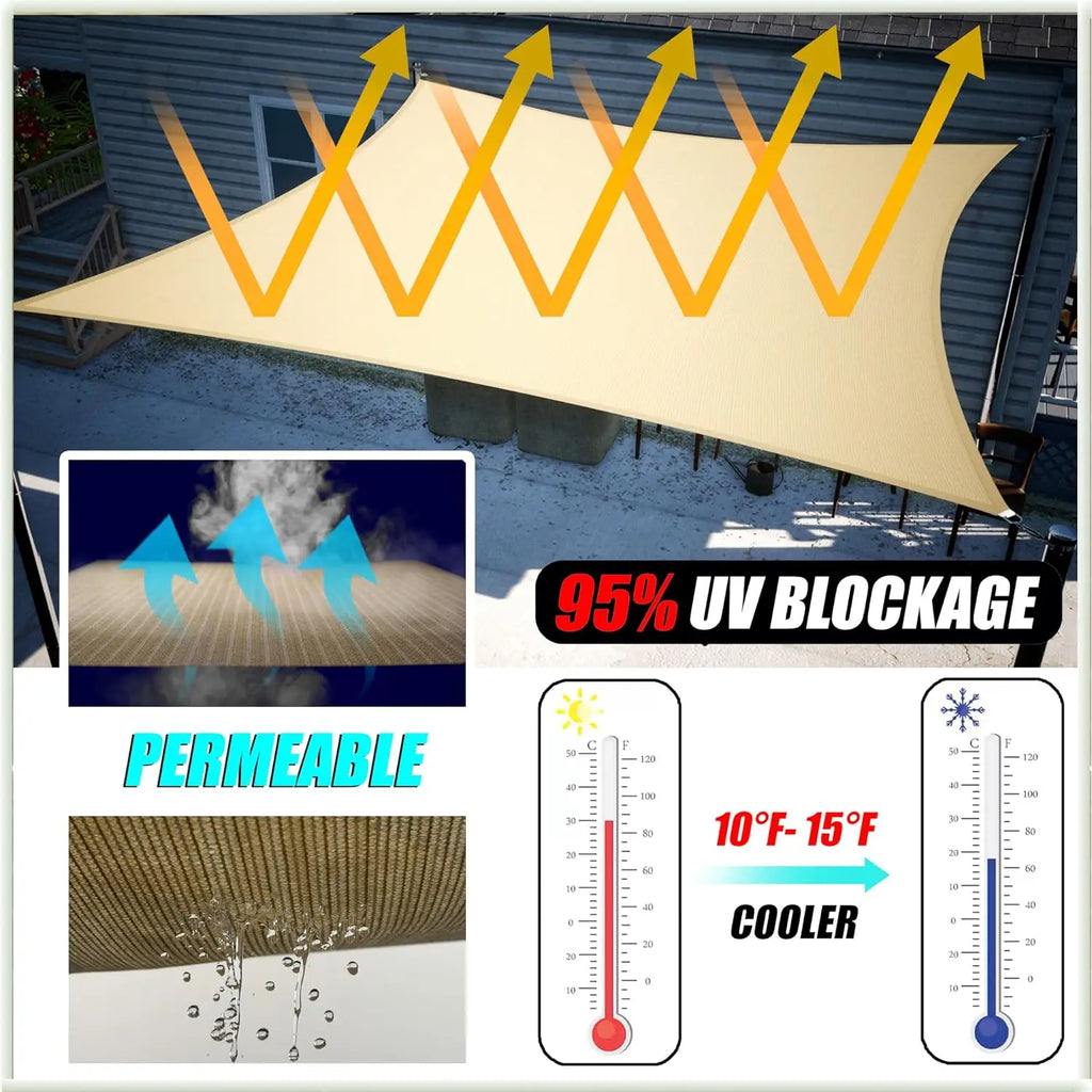22' x 22' x 22' Beige Triangle Sun Shade Sail Outdoor Canopy Awning, UPF50+ AGTAPT22, 95% UV Blockage, Water & Air Permeable,