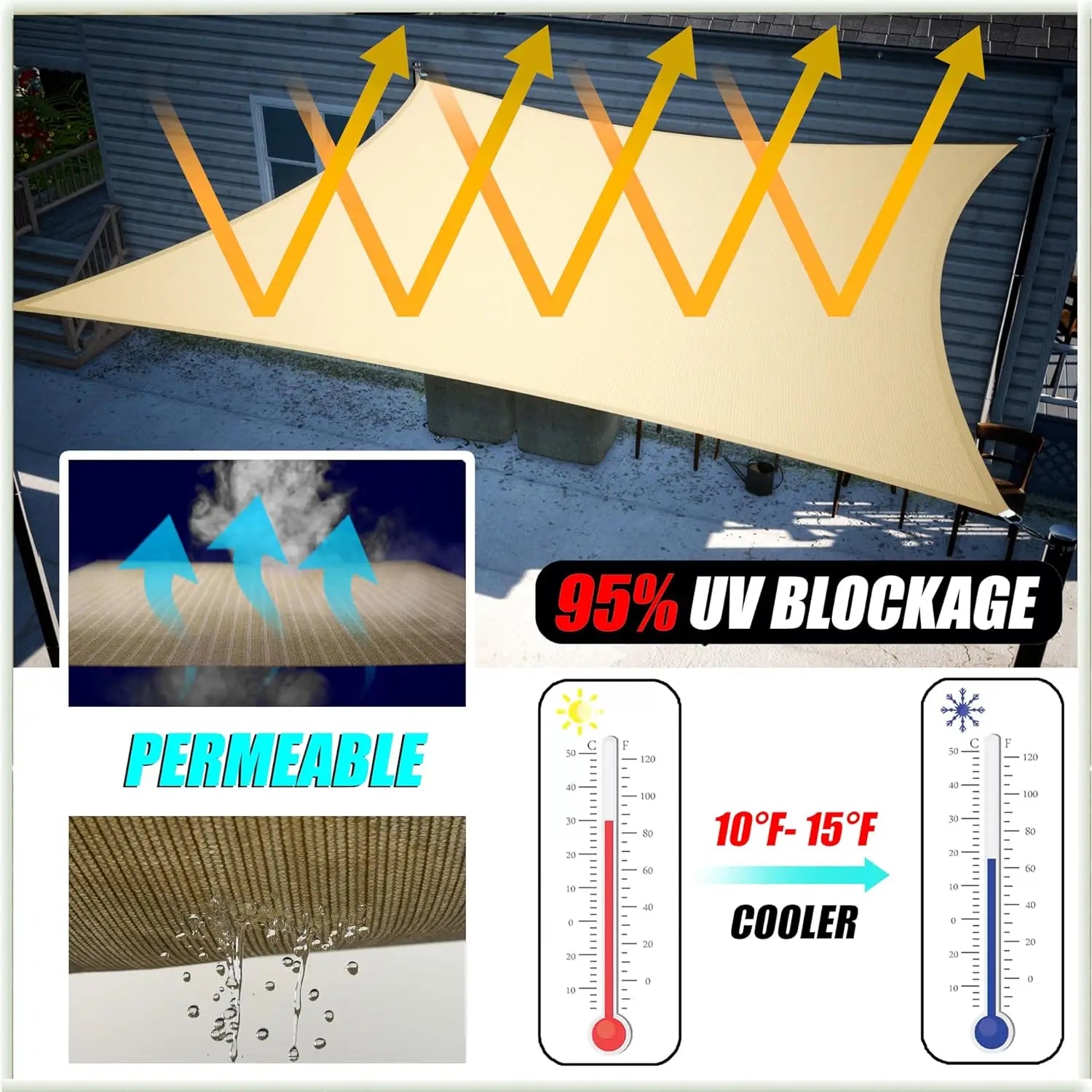 22' x 22' x 22' Beige Triangle Sun Shade Sail Outdoor Canopy Awning, UPF50+ AGTAPT22, 95% UV Blockage, Water & Air Permeable,