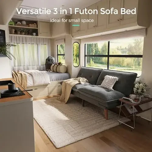 Gray Chenille Convertible Futon Sofa Bed 70 Inch With Adjustable Back And Armrests For Compact Living Spaces
