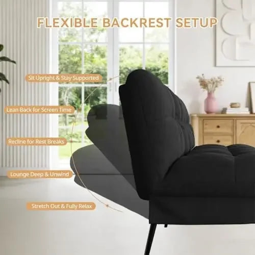 Black 72 Inch Fabric Futon Sofa Bed With Adjustable Backrest For Living Room Use