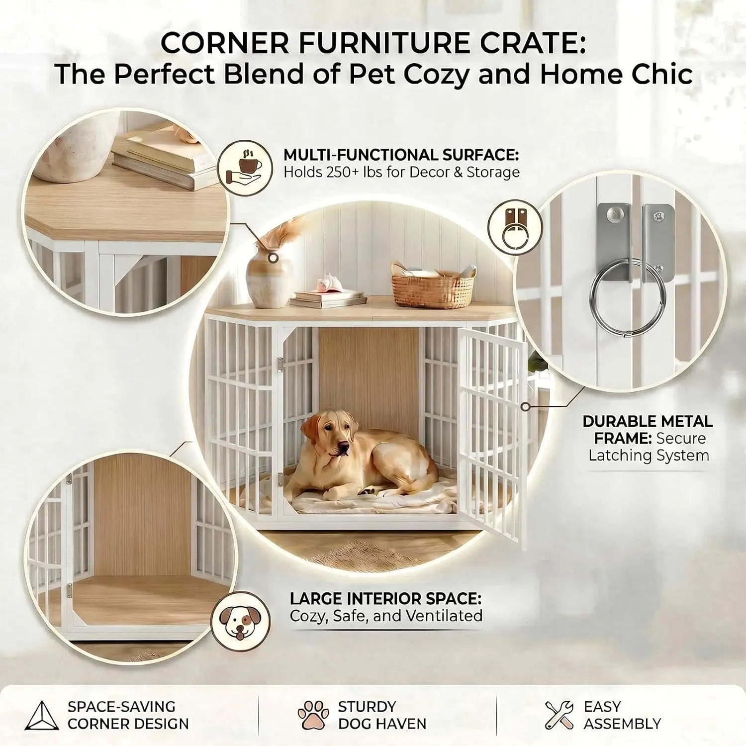 Corner Wooden Dog Crate Furniture, Heavy Duty Indoor Pet Kennel Featuring Wide Top Storage Shelf And Double Door Entry For Large Dogs Living Room Bedroom Limited Space, Natural Wood