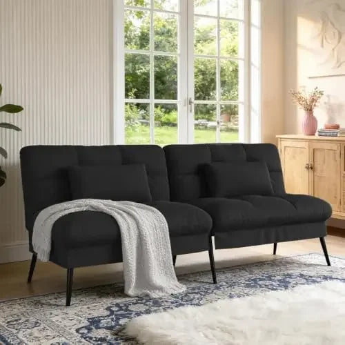 Black 72 Inch Fabric Futon Sofa Bed With Adjustable Backrest For Living Room Use