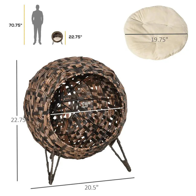 PawHut 20.5" Weaved Cat Bed, Elevated Hand-woven Braided Banana Leaf Kitten House Condo with Cushion, Brown