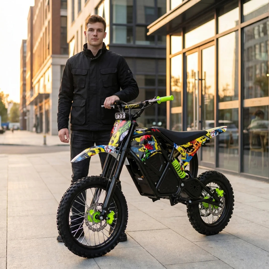 EDB001 Graffiti Electric Dirt Bike Powerful Brushless Motor Waterproof Removable Lithium Battery 3 Speed Modes Hydraulic Brakes Adjustable Nitrogen Shock Absorber All Terrain Off Road Motorcycle For Adults Teens