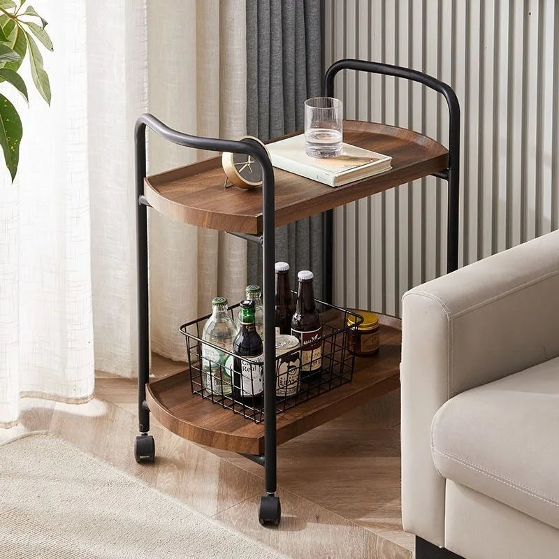 Two-Tier Wooden Rolling Bar Serving Cart | Hotel Restaurant Mobile Tea Cake Dessert Trolley