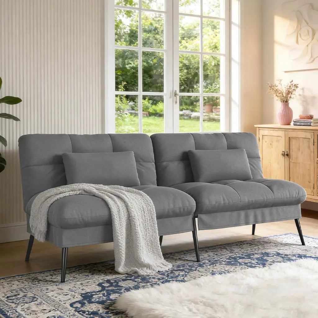 Black 72 Inch Fabric Futon Sofa Bed With Adjustable Backrest For Living Room Use