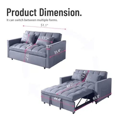 3-In-1 Convertible Sofa Bed With Side Pockets, Corduroy Fabric Loveseat Sleeper For Living Room, Dark Gray