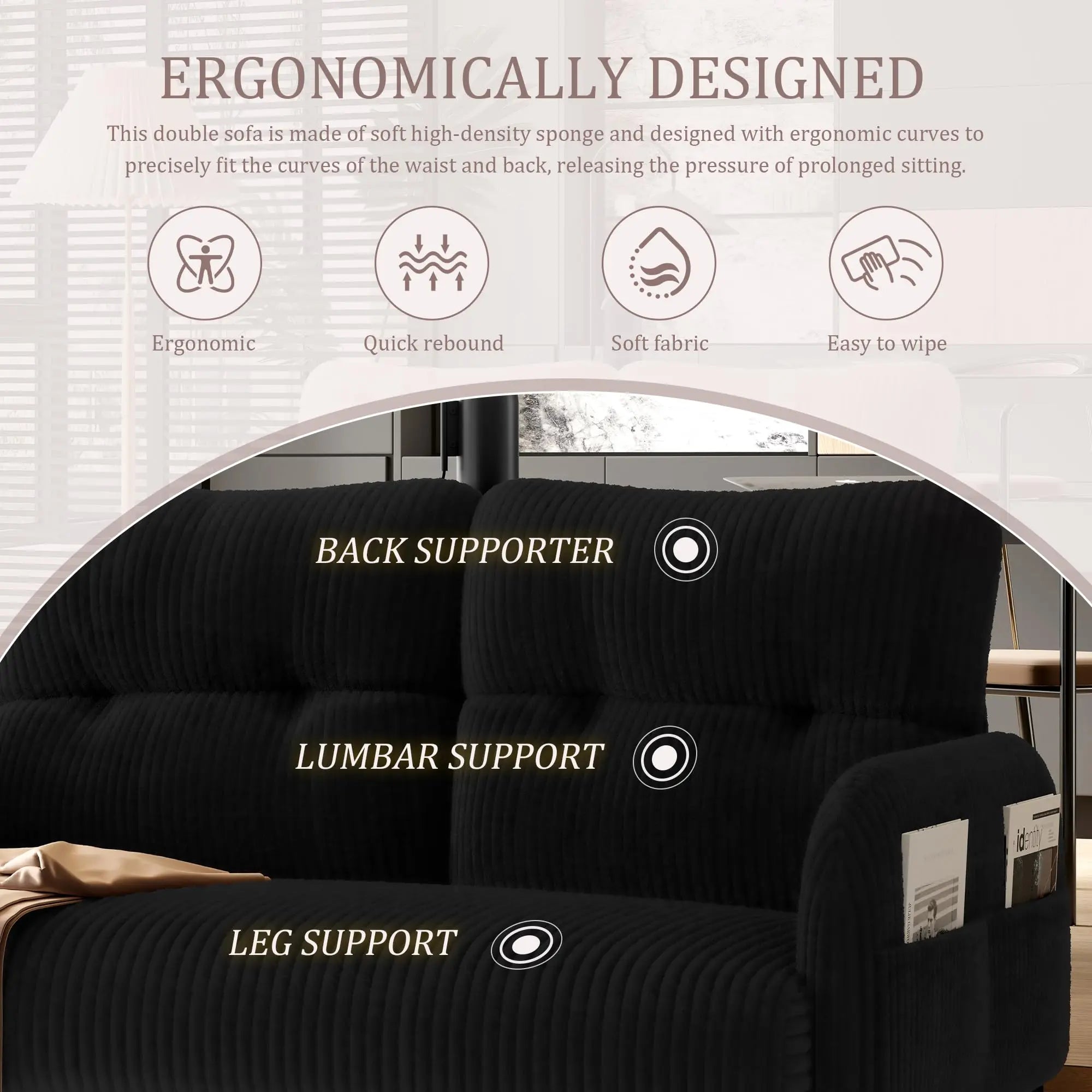 26 Inch Corduroy Single Sofa Chair With Side Pockets High Resilience Cushion Modern Ergonomic Living Room Accent Chair