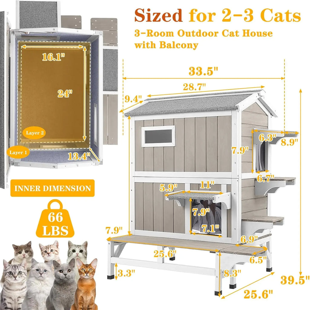 Outdoor Cat House 2 Story Wooden Pet Shelter Feeding Station Scratching Fabric Interior Dual Escape Doors Balcony PVC Curtains Openable Roof Large Weatherproof Enclosure Grey