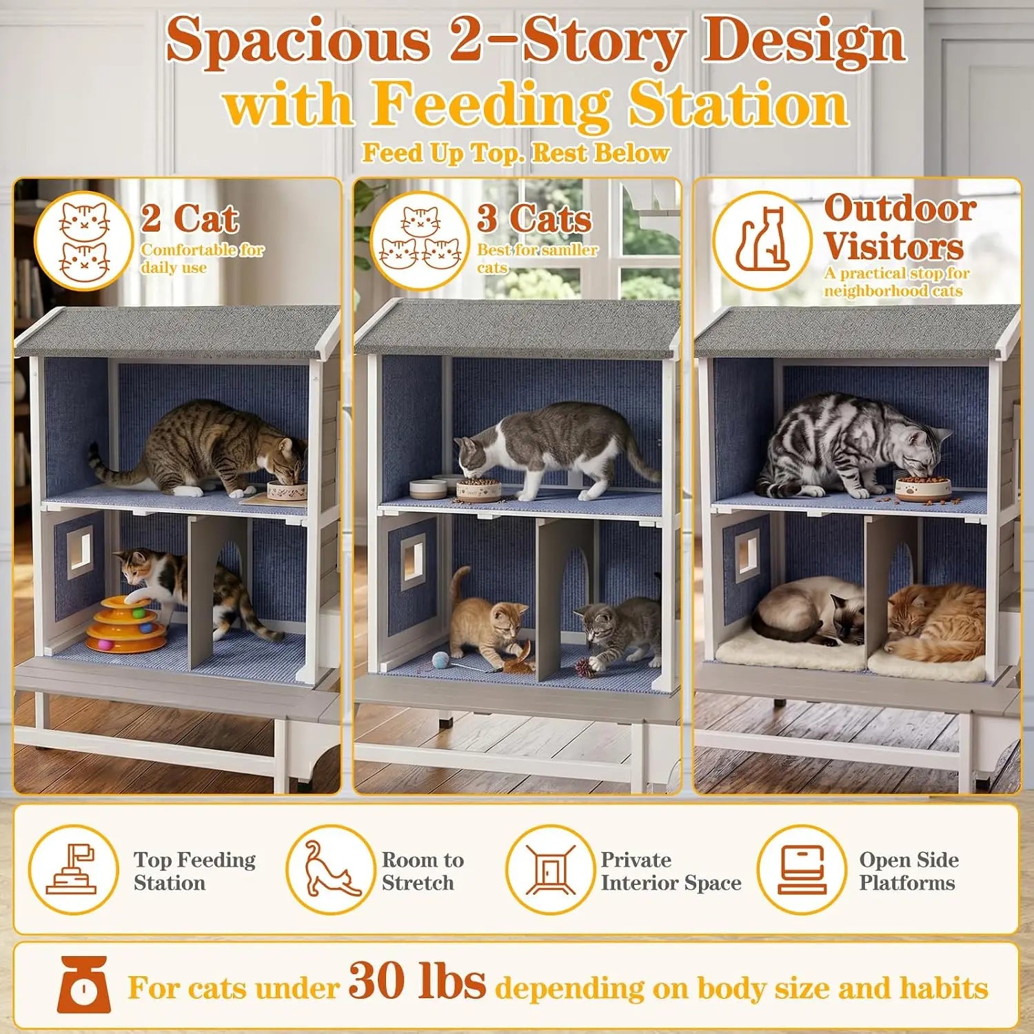 Outdoor Cat House 2 Story Wooden Pet Shelter Feeding Station Scratching Fabric Interior Dual Escape Doors Balcony PVC Curtains Openable Roof Large Weatherproof Enclosure Grey