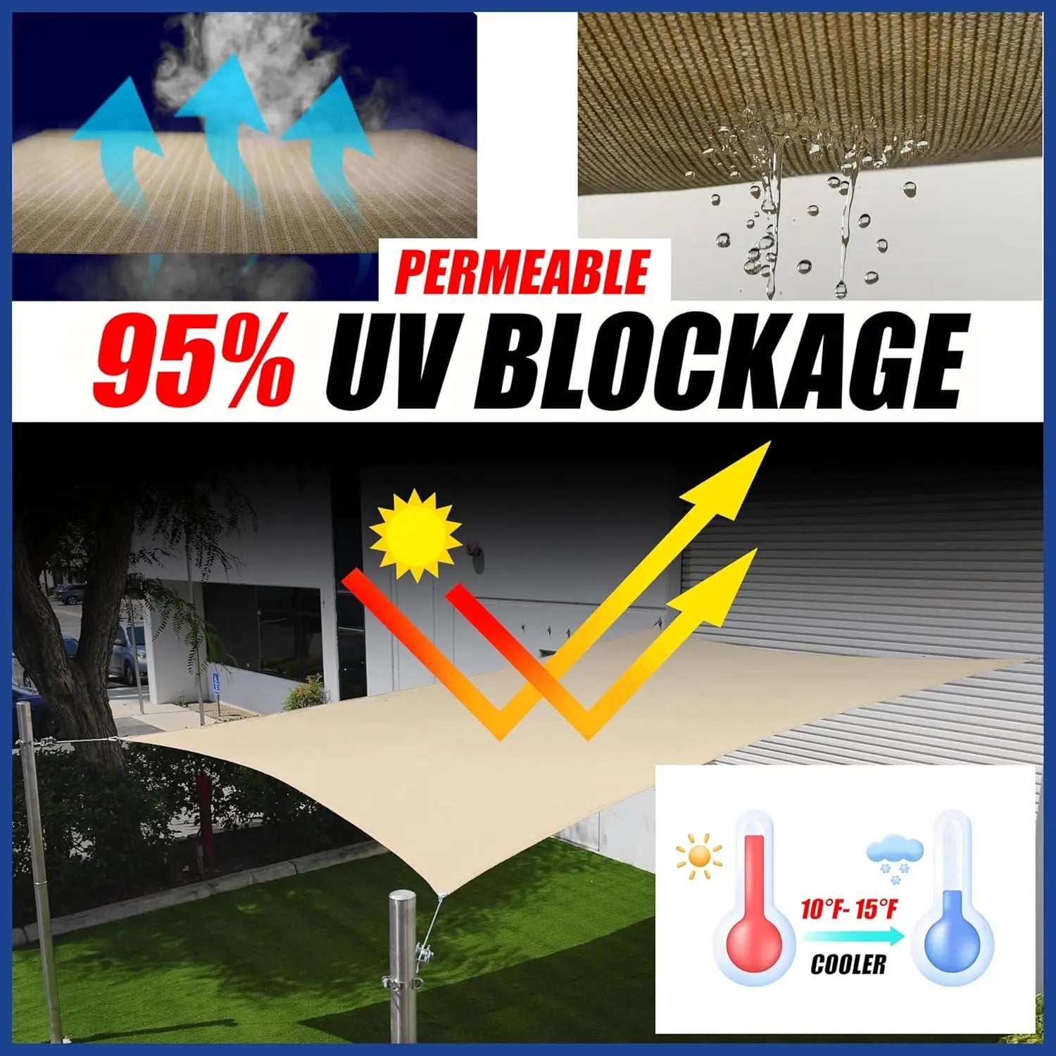 16' x 20' Beige Sun Shade Sail Rec  le Canopy Fabric Cloth Screen, Water and Air Permeable & UV Resistant, Heavy Duty, Carpor
