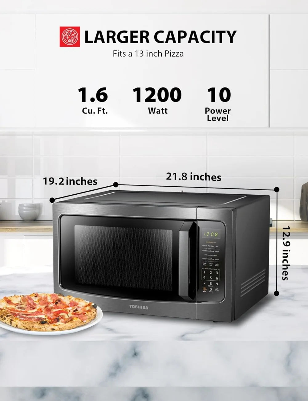 1200W 1.6 Cu.ft Countertop Microwave with Sensor Cooking, Position Memory Turntable, Sound On/Off, Black Stainless Steel