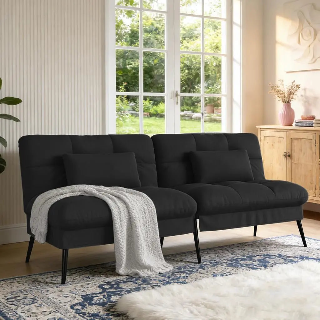 Black 72 Inch Fabric Futon Sofa Bed With Adjustable Backrest For Living Room Use