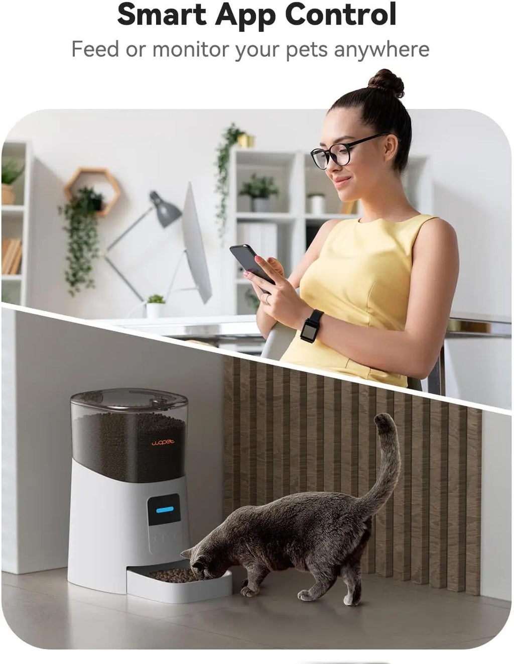 Automatic Cat Feeder, WiFi Pet Feeder with App Control, Voice Recorder, Low Food Sensor, Up to 15 Meals/Day, 6L Capacity