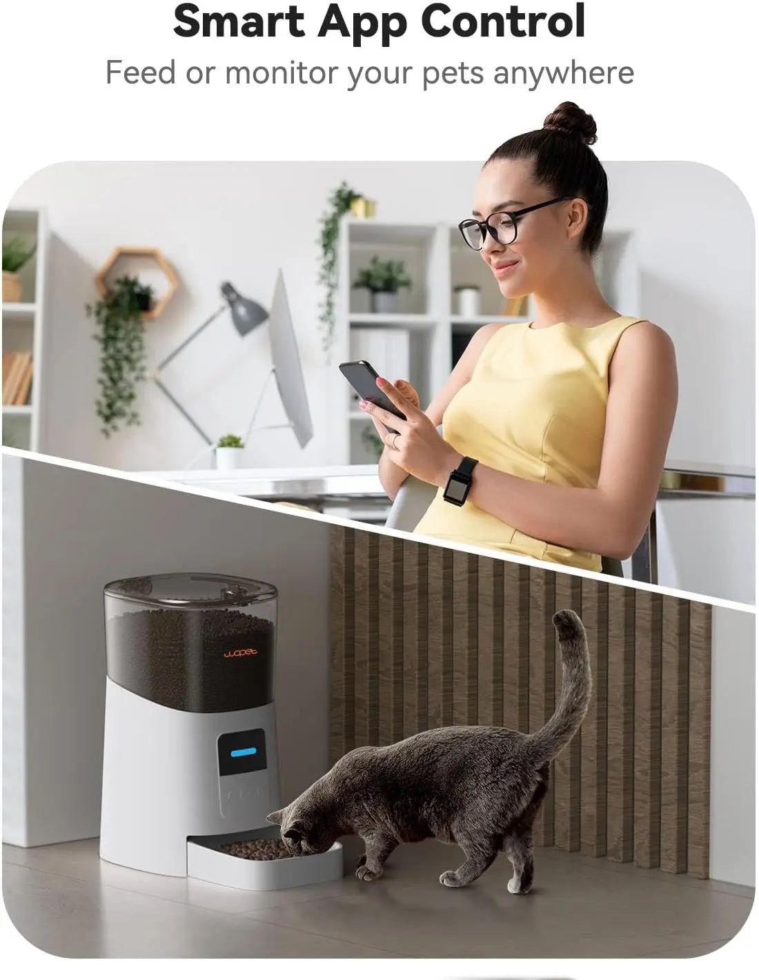 Automatic Cat Feeder, WiFi Pet Feeder with App Control, Voice Recorder, Low Food Sensor, Up to 15 Meals/Day, 6L Capacity