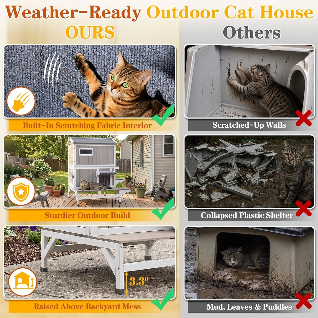 Outdoor Cat House 2 Story Wooden Pet Shelter Feeding Station Scratching Fabric Interior Dual Escape Doors Balcony PVC Curtains Openable Roof Large Weatherproof Enclosure Grey