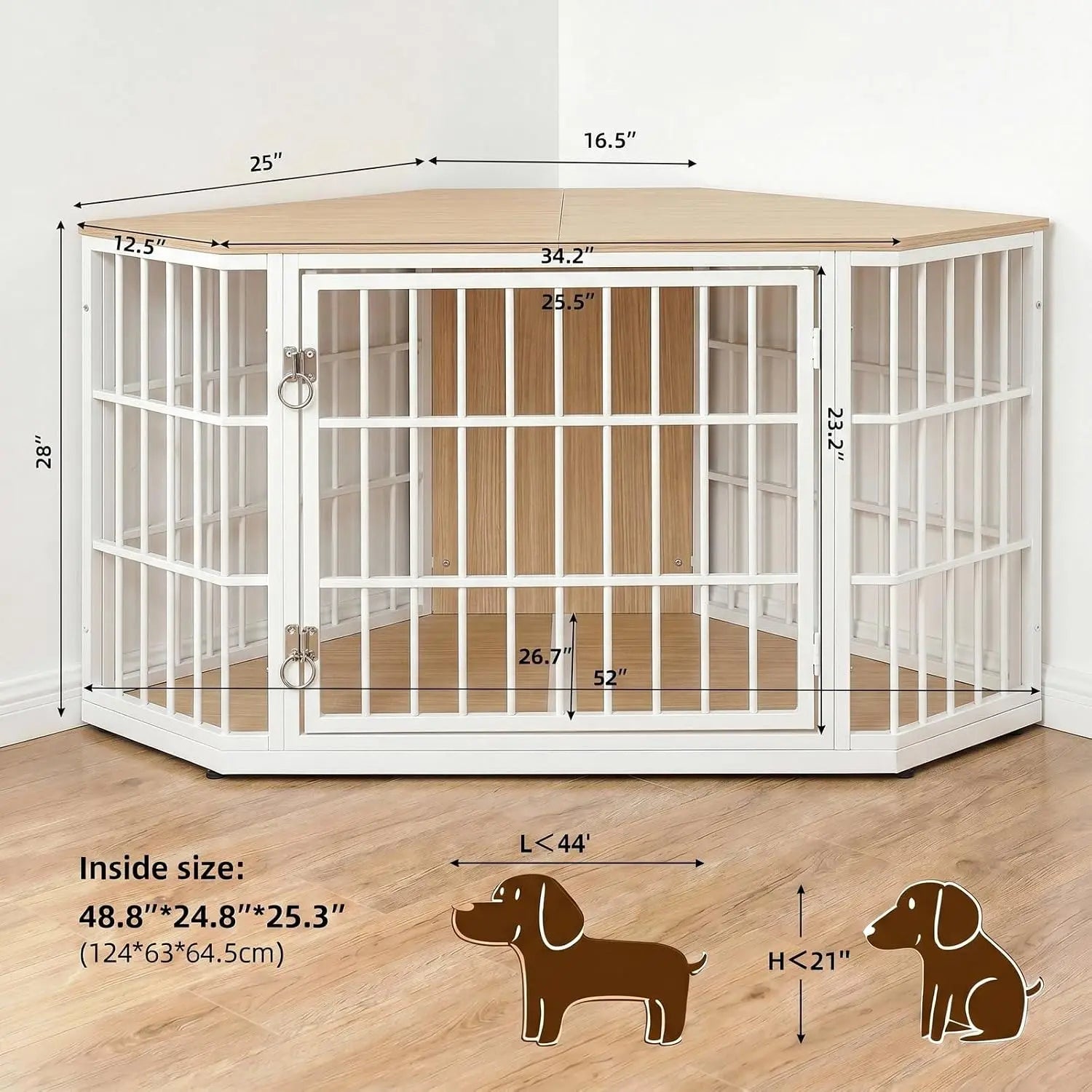 Corner Wooden Dog Crate Furniture, Heavy Duty Indoor Pet Kennel Featuring Wide Top Storage Shelf And Double Door Entry For Large Dogs Living Room Bedroom Limited Space, Natural Wood