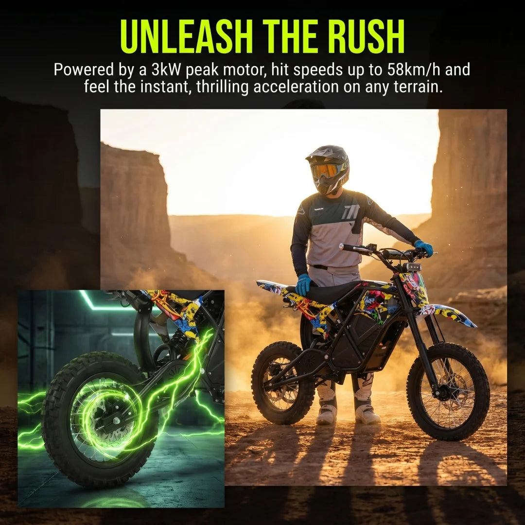EDB001 Graffiti Electric Dirt Bike Powerful Brushless Motor Waterproof Removable Lithium Battery 3 Speed Modes Hydraulic Brakes Adjustable Nitrogen Shock Absorber All Terrain Off Road Motorcycle For Adults Teens