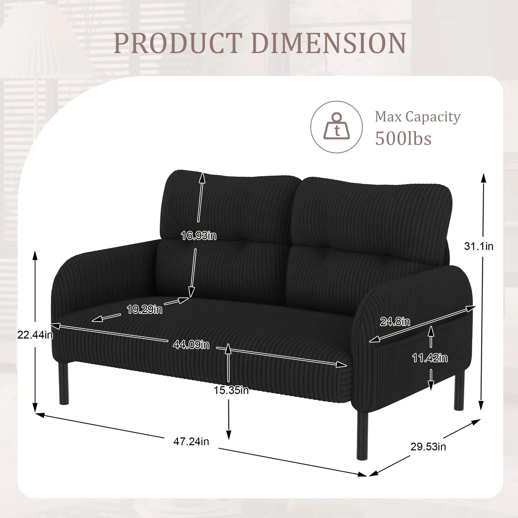26 Inch Corduroy Single Sofa Chair With Side Pockets High Resilience Cushion Modern Ergonomic Living Room Accent Chair