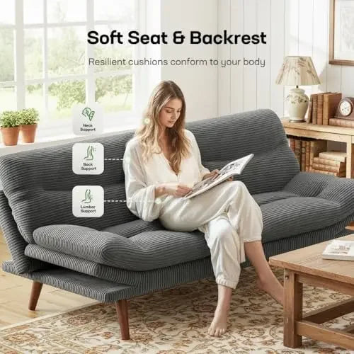 Grey 75 Inch Corduroy Futon Sofa Bed With Adjustable Back And Arms For Living Room Or Office Space