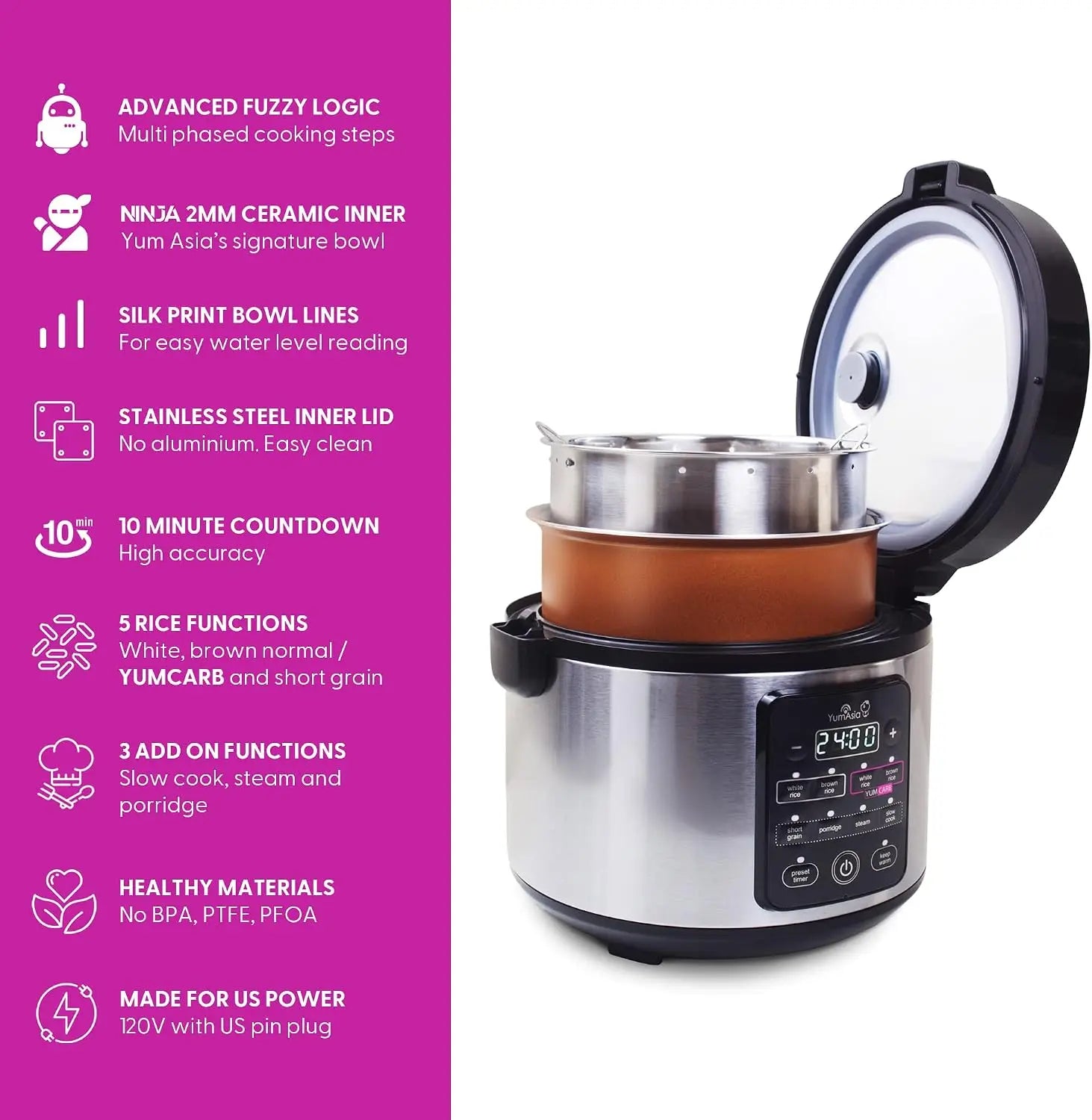 Rice Cooker with Ceramic Bowl, Fuzzy Logic, 5.5 Cups, 110V US