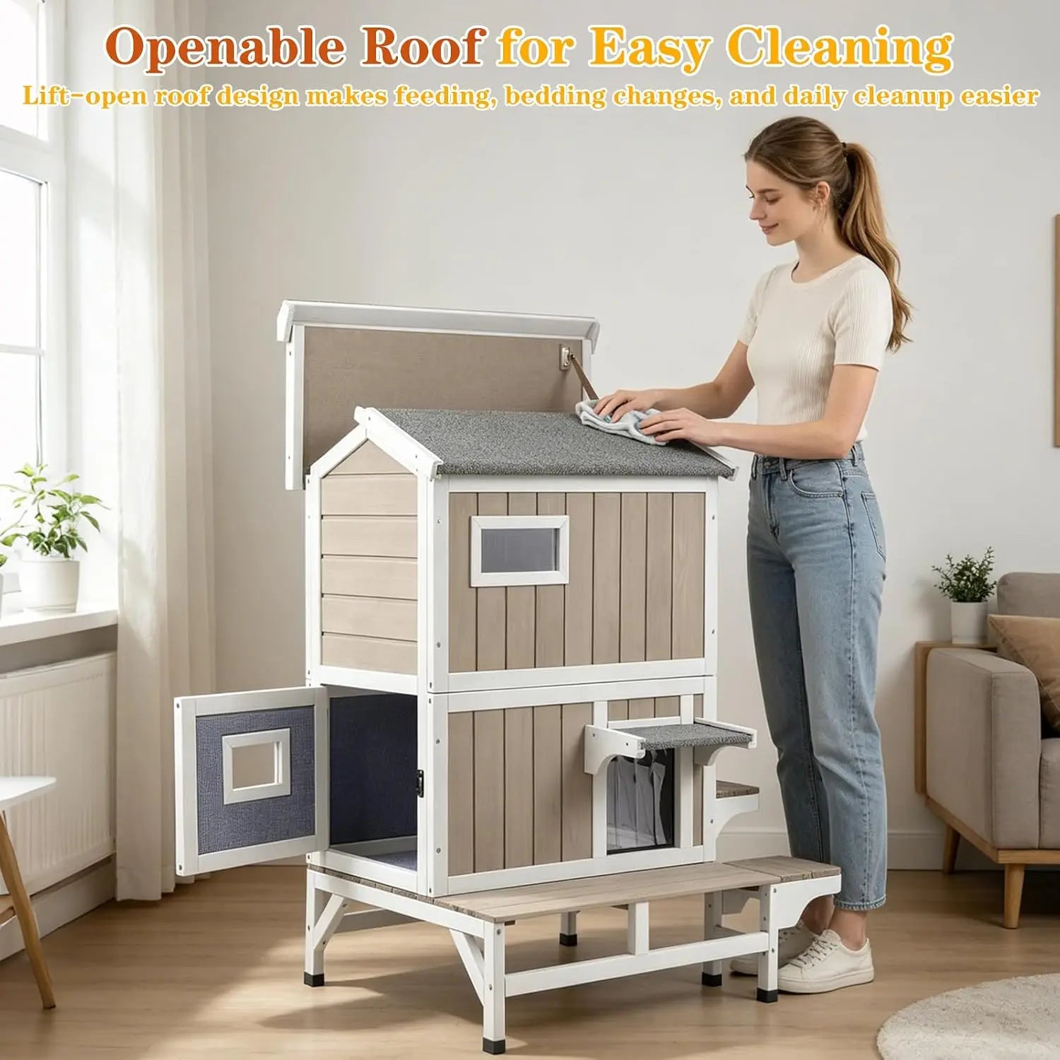 Outdoor Cat House 2 Story Wooden Pet Shelter Feeding Station Scratching Fabric Interior Dual Escape Doors Balcony PVC Curtains Openable Roof Large Weatherproof Enclosure Grey