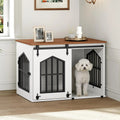 Farmhouse Dog Crate Furniture Wooden Dog Kennel Sliding Barn Door Indoor Pet House Decorative Side Table Nightstand End Table Chew Resistant Small Medium Dogs White Walnut