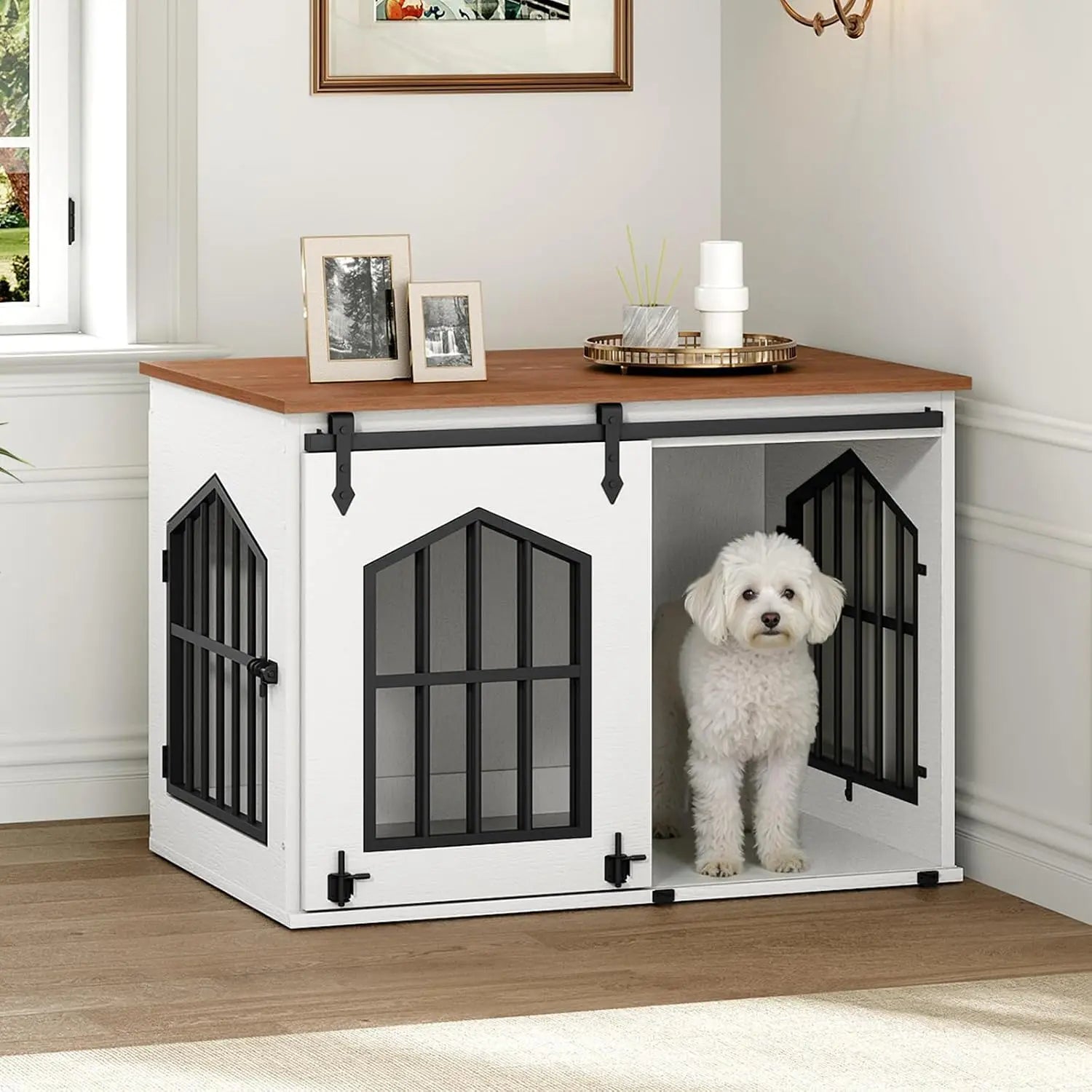 Farmhouse Dog Crate Furniture Wooden Dog Kennel Sliding Barn Door Indoor Pet House Decorative Side Table Nightstand End Table Chew Resistant Small Medium Dogs White Walnut