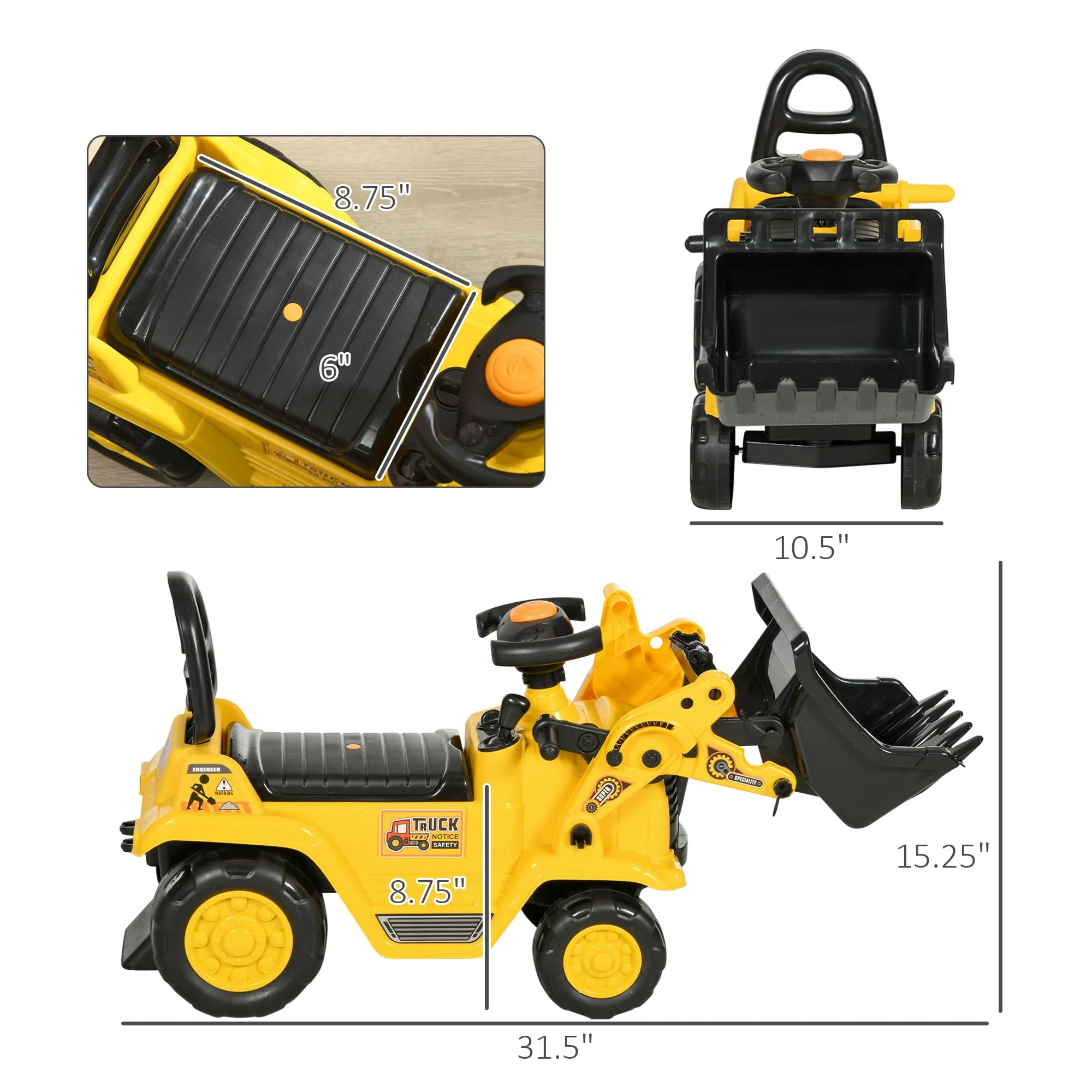 Kids Ride on Electric Tractor Storage Yellow, Anti-Slip Wheels, Comfort Seat, Safety Belt, Indoor Outdoor Play Gift, Toddlers