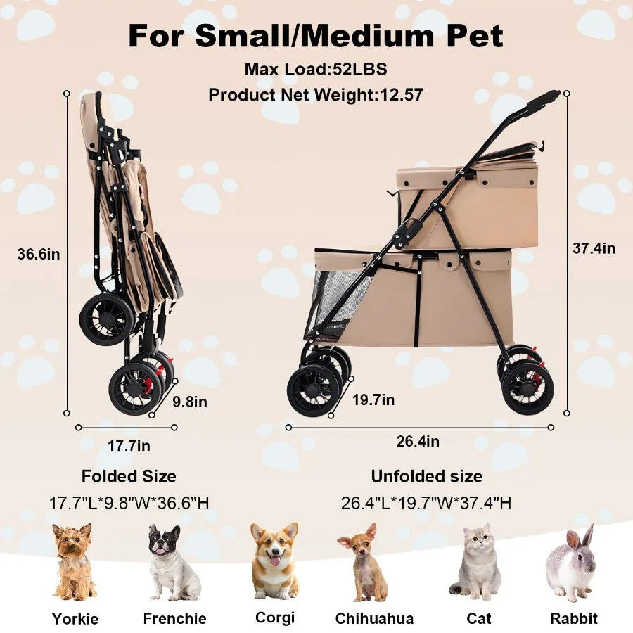 Double Layer Pet Stroller, Foldable Portable Medium Small Cat and Dog Carrier, Breathable Mesh Window, Stable Lightweight 4-Whe
