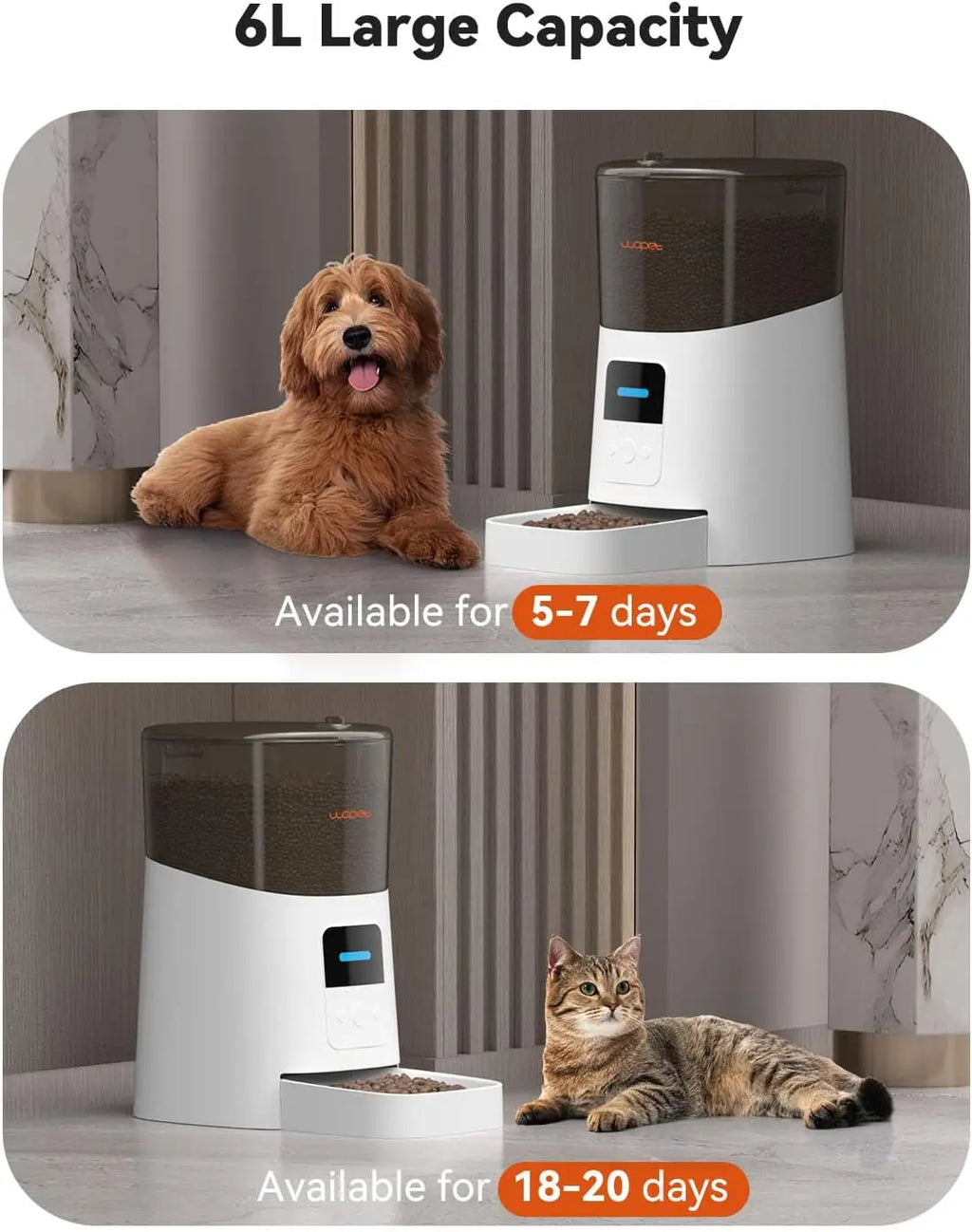 Automatic Cat Feeder, WiFi Pet Feeder with App Control, Voice Recorder, Low Food Sensor, Up to 15 Meals/Day, 6L Capacity