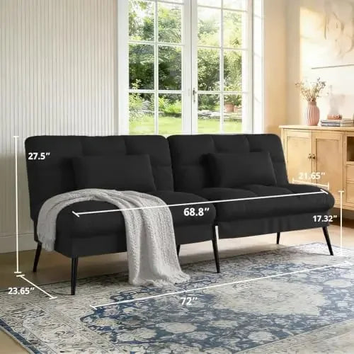 Black 72 Inch Fabric Futon Sofa Bed With Adjustable Backrest For Living Room Use