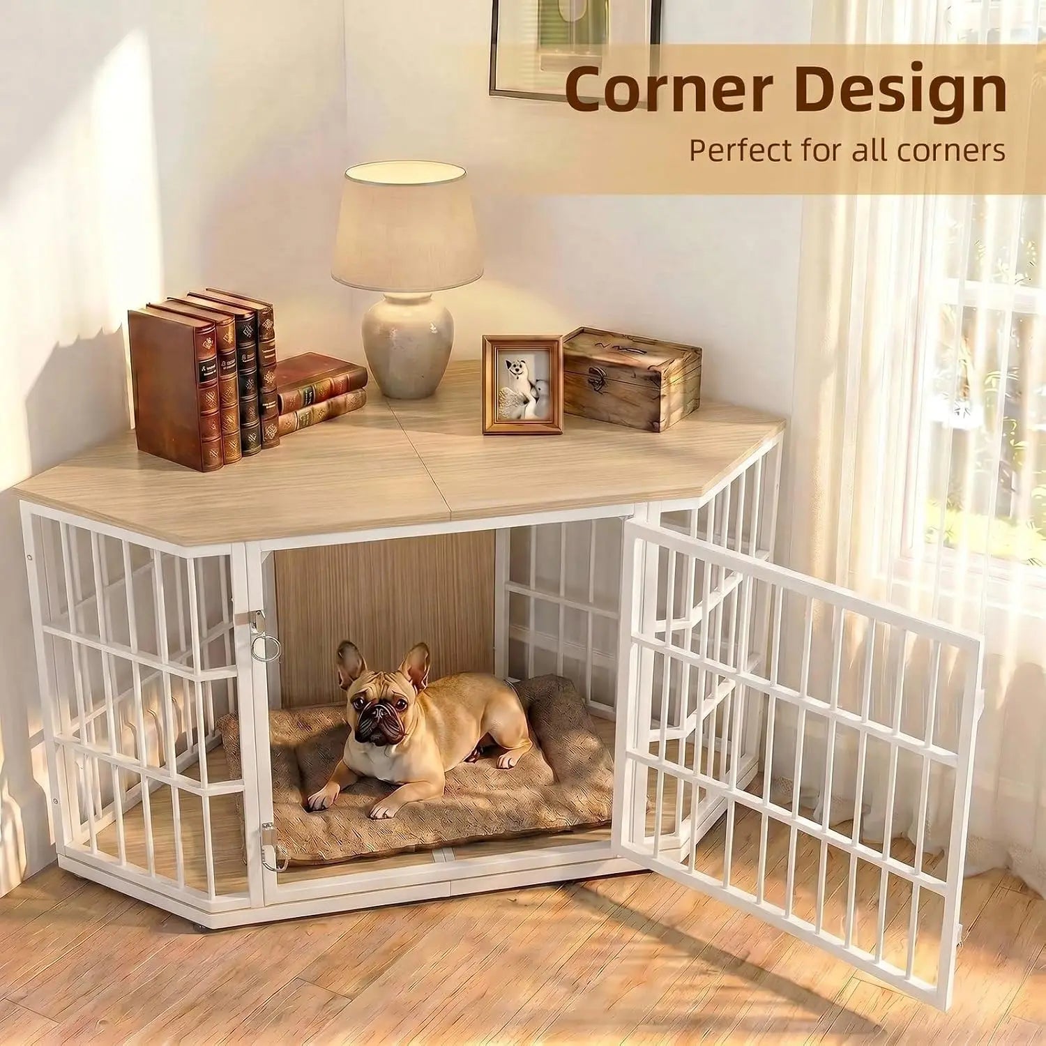 Corner Wooden Dog Crate Furniture, Heavy Duty Indoor Pet Kennel Featuring Wide Top Storage Shelf And Double Door Entry For Large Dogs Living Room Bedroom Limited Space, Natural Wood