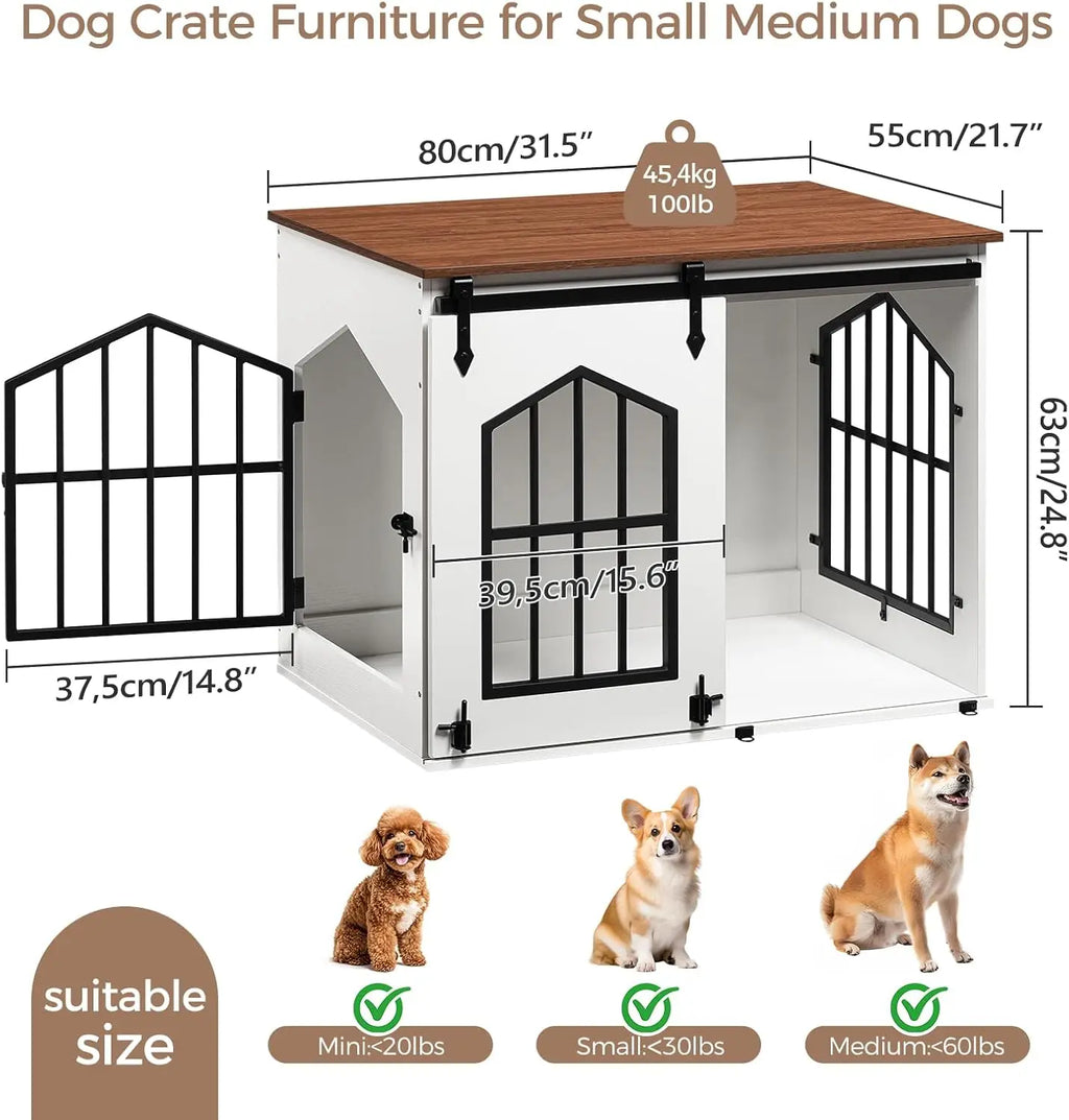 Farmhouse Dog Crate Furniture Wooden Dog Kennel Sliding Barn Door Indoor Pet House Decorative Side Table Nightstand End Table Chew Resistant Small Medium Dogs White Walnut