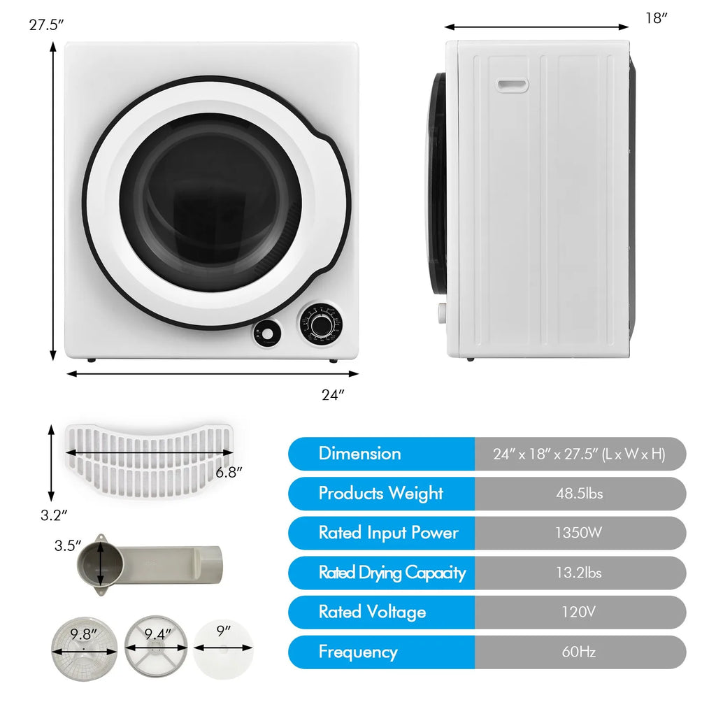 13.2 lbs Compact Laundry Dryer 3.22 Cu Ft. Electric Clothes Dryer with Timer