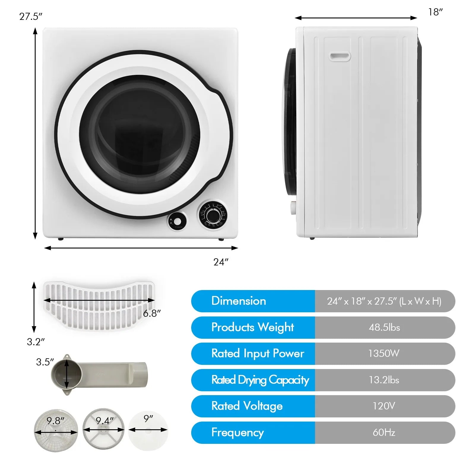 13.2 lbs Compact Laundry Dryer 3.22 Cu Ft. Electric Clothes Dryer with Timer