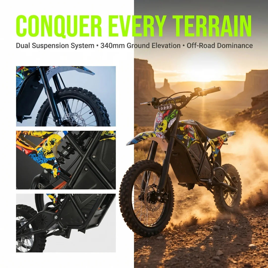 EDB001 Graffiti Electric Dirt Bike Powerful Brushless Motor Waterproof Removable Lithium Battery 3 Speed Modes Hydraulic Brakes Adjustable Nitrogen Shock Absorber All Terrain Off Road Motorcycle For Adults Teens