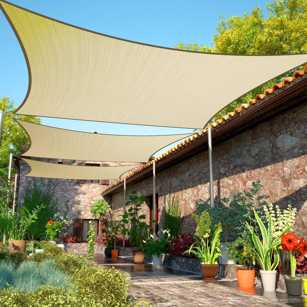 16' x 20' Beige Sun Shade Sail Rec  le Canopy Fabric Cloth Screen, Water and Air Permeable & UV Resistant, Heavy Duty, Carpor