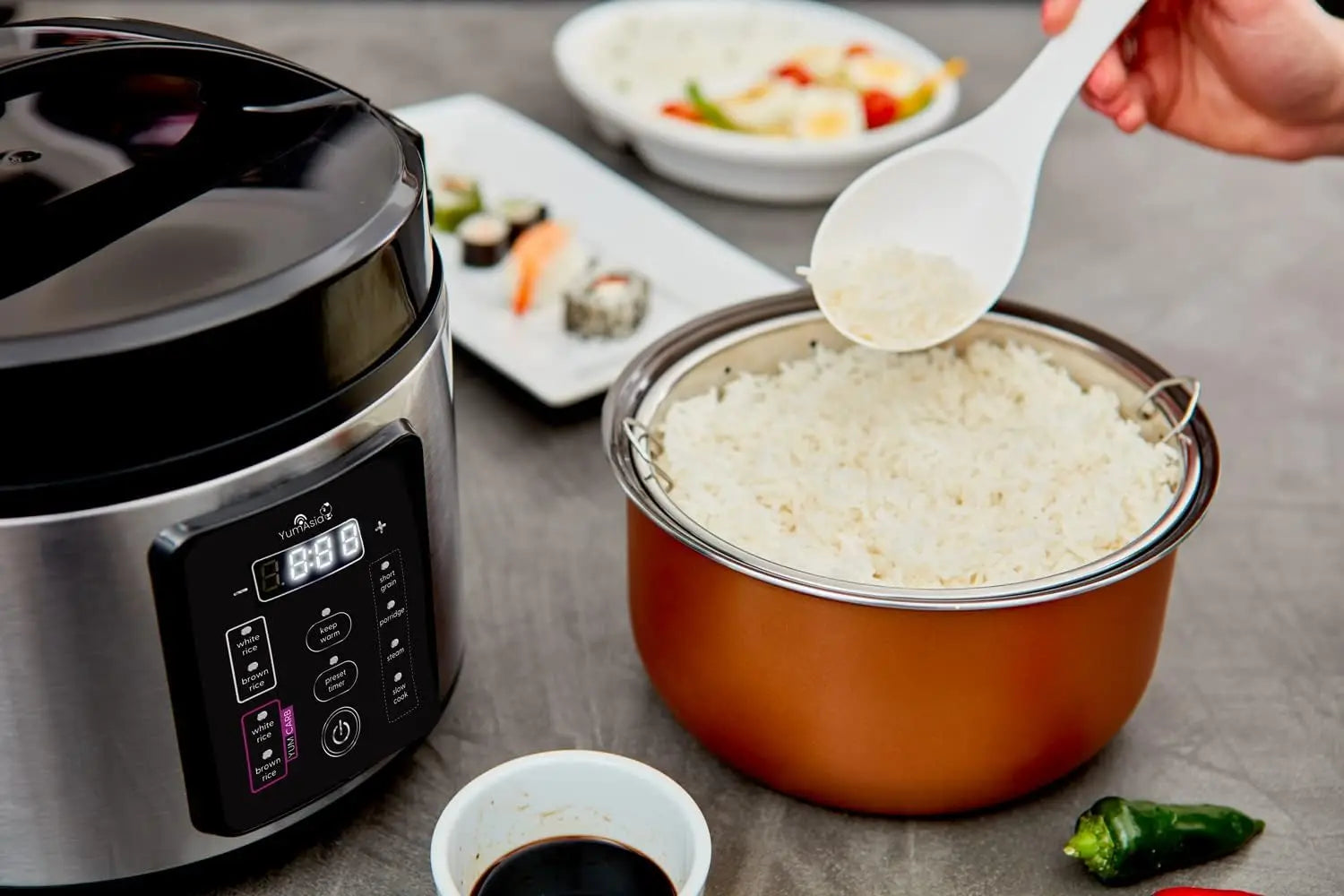 Rice Cooker with Ceramic Bowl, Fuzzy Logic, 5.5 Cups, 110V US