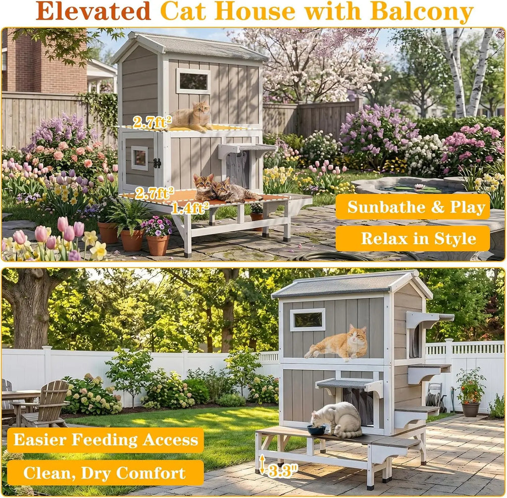 Outdoor Cat House 2 Story Wooden Pet Shelter Feeding Station Scratching Fabric Interior Dual Escape Doors Balcony PVC Curtains Openable Roof Large Weatherproof Enclosure Grey