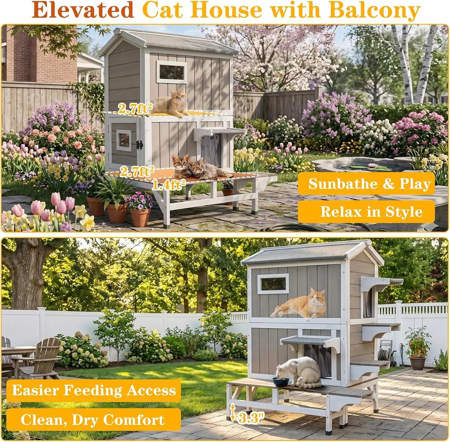 Outdoor Cat House 2 Story Wooden Pet Shelter Feeding Station Scratching Fabric Interior Dual Escape Doors Balcony PVC Curtains Openable Roof Large Weatherproof Enclosure Grey