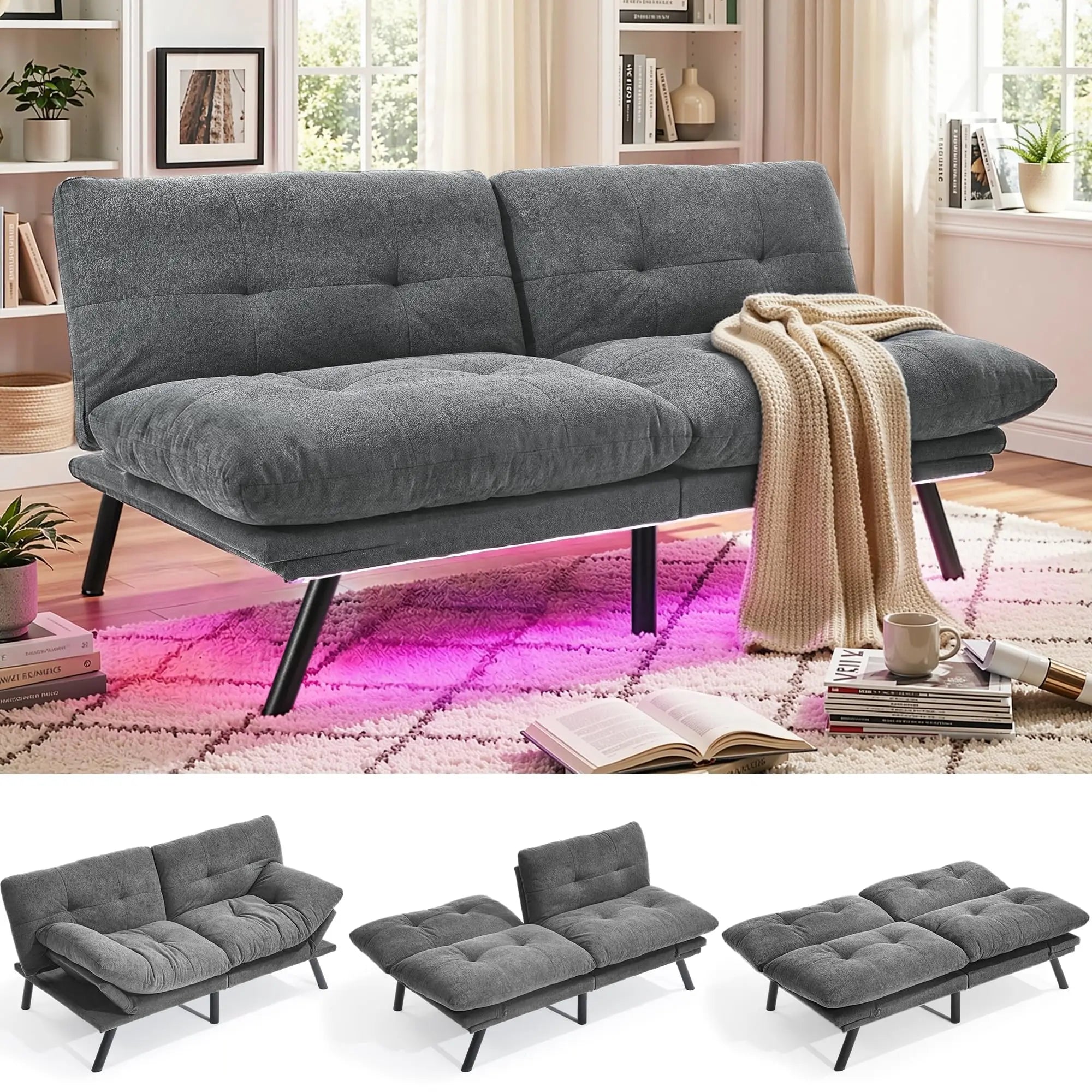 Modern 70-Inch Convertible Futon Couch With Adjustable Backrest, Armrests, And Multi-Position Folding Design For Living Room Or