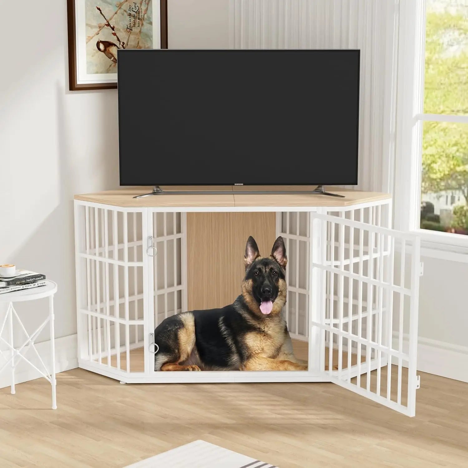 Corner Wooden Dog Crate Furniture, Heavy Duty Indoor Pet Kennel Featuring Wide Top Storage Shelf And Double Door Entry For Large Dogs Living Room Bedroom Limited Space, Natural Wood