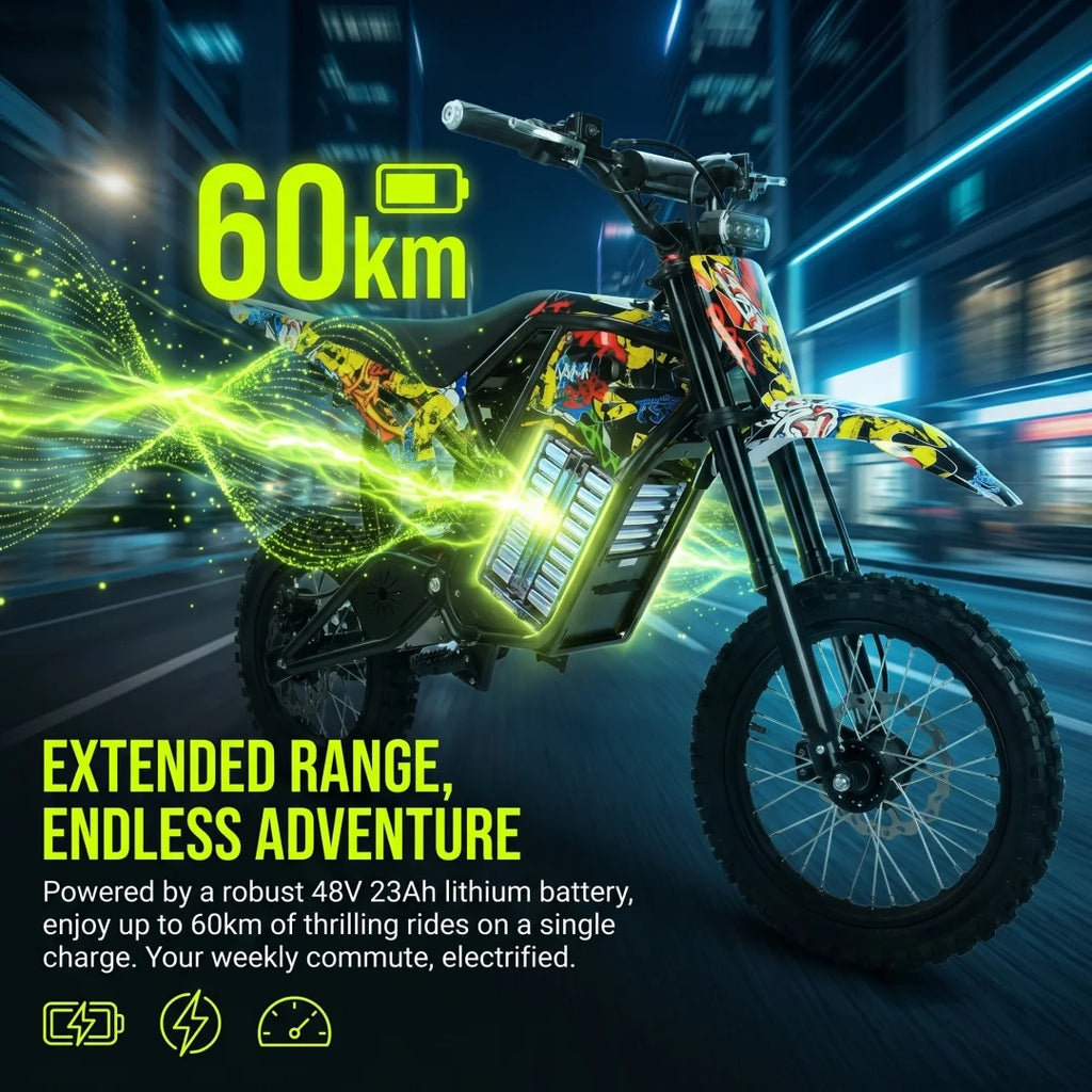EDB001 Graffiti Electric Dirt Bike Powerful Brushless Motor Waterproof Removable Lithium Battery 3 Speed Modes Hydraulic Brakes Adjustable Nitrogen Shock Absorber All Terrain Off Road Motorcycle For Adults Teens
