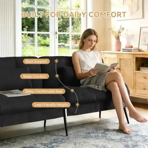 Black 72 Inch Fabric Futon Sofa Bed With Adjustable Backrest For Living Room Use