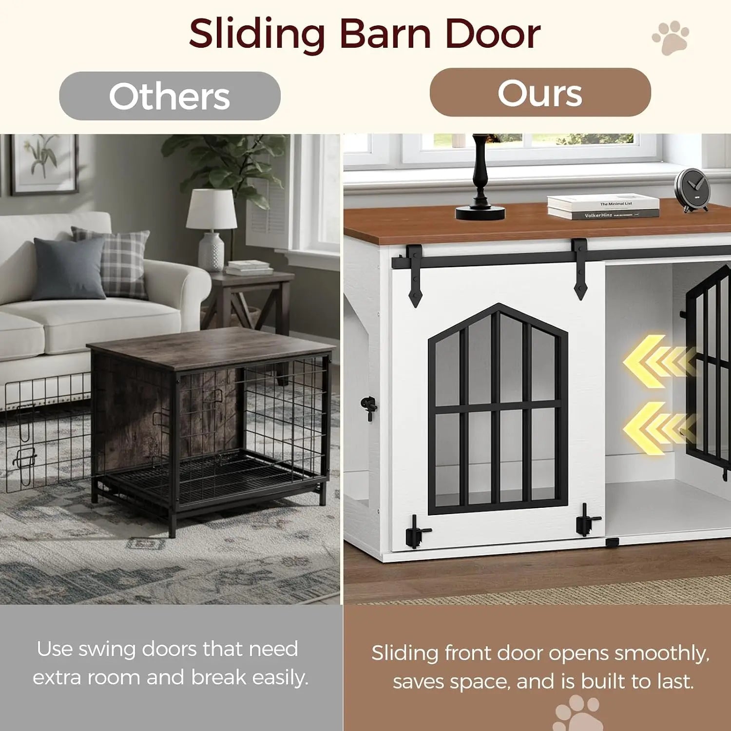 Farmhouse Dog Crate Furniture Wooden Dog Kennel Sliding Barn Door Indoor Pet House Decorative Side Table Nightstand End Table Chew Resistant Small Medium Dogs White Walnut