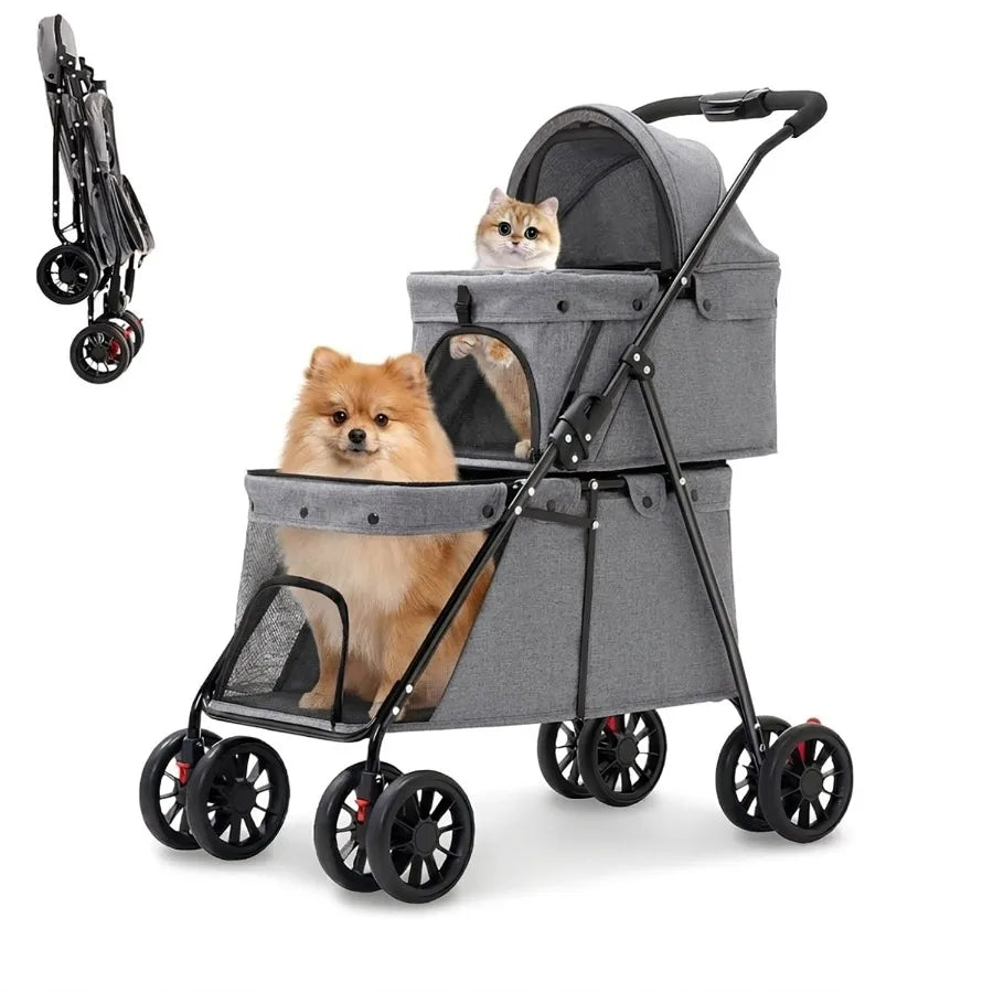 Double Layer Pet Stroller, Foldable Portable Medium Small Cat and Dog Carrier, Breathable Mesh Window, Stable Lightweight 4-Whe