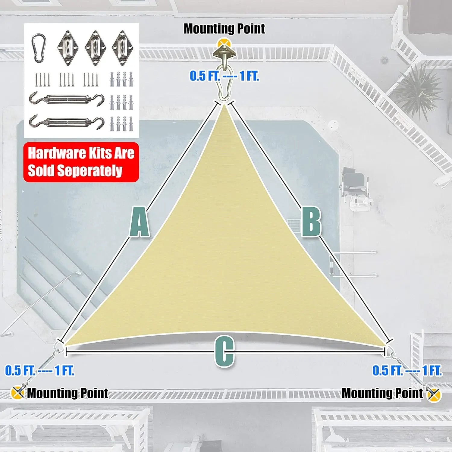22' x 22' x 22' Beige Triangle Sun Shade Sail Outdoor Canopy Awning, UPF50+ AGTAPT22, 95% UV Blockage, Water & Air Permeable,
